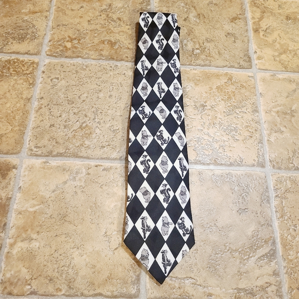Disney Winnie The Pooh Tie Black White Gray Diamonds Pooh & Tigger